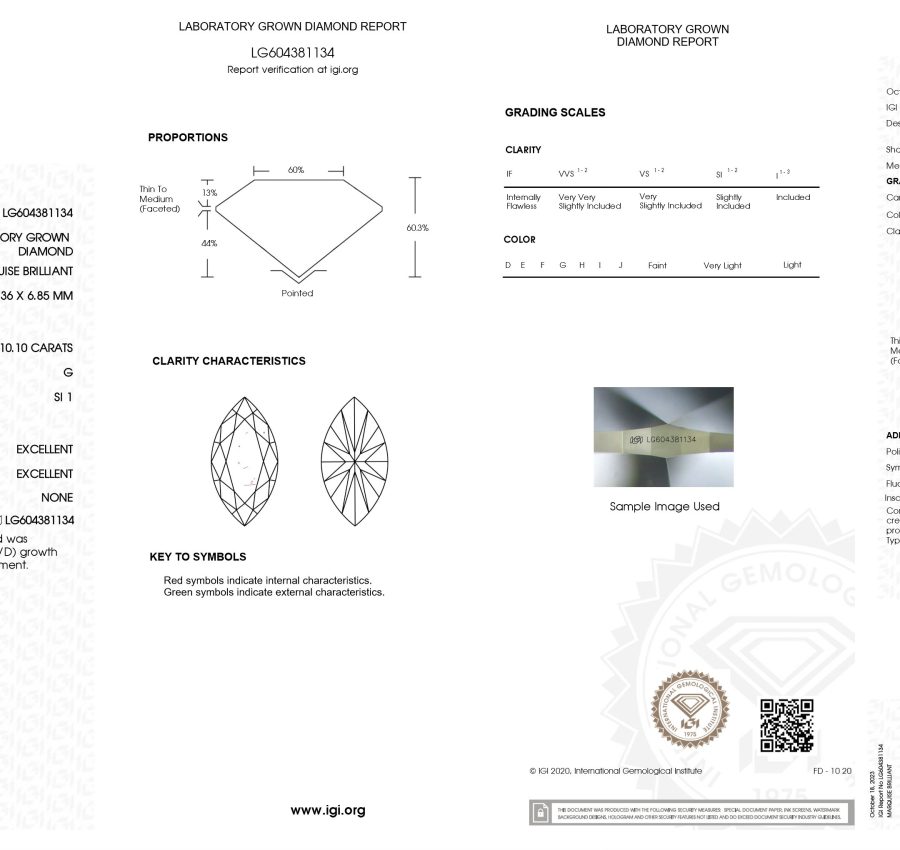 10.10ct Lab Grown Loose Diamond Marquise Cut G, SI1 IGI & UGL CERT