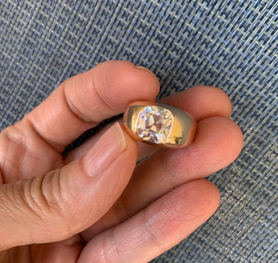 Davin Jewelry Custom Gypsy Set 9×9 Cushion Cut Moissanite Ring sz 5.25/11grams 14kt Yellow Gold