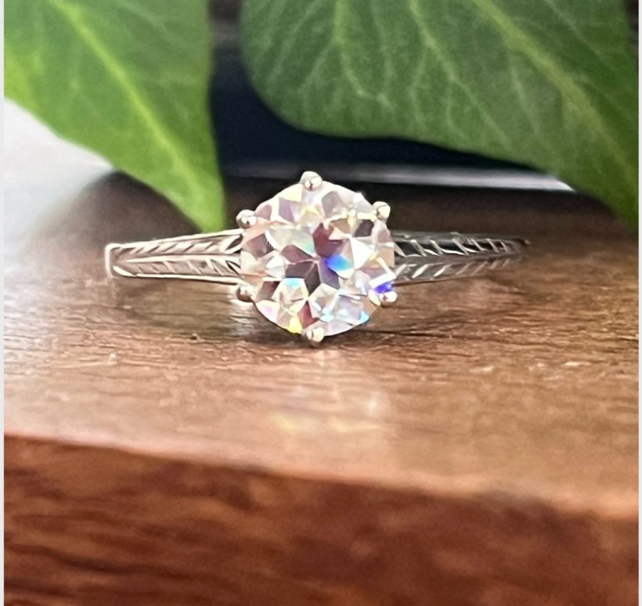 Vintage 18k ring with 6.5mm OEC moissanite center