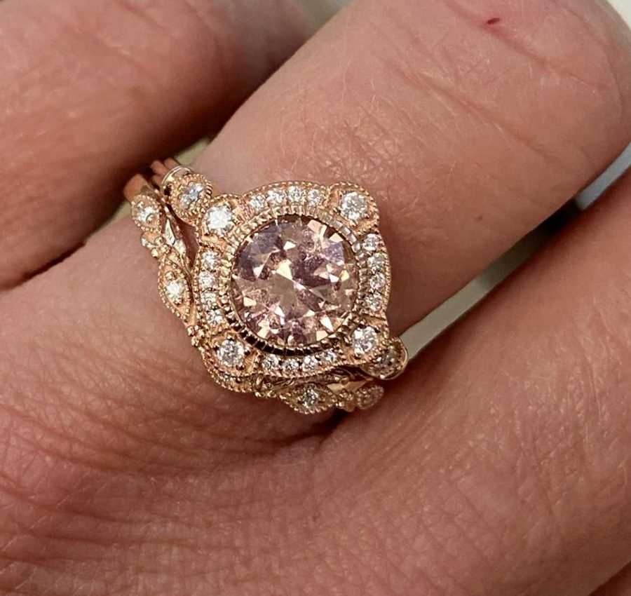 14k rose gold vintage inspired morganite wedding set