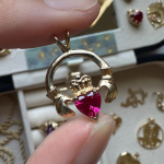 Solid Gold Lab Sapphire Claddagh Pendant | 14k