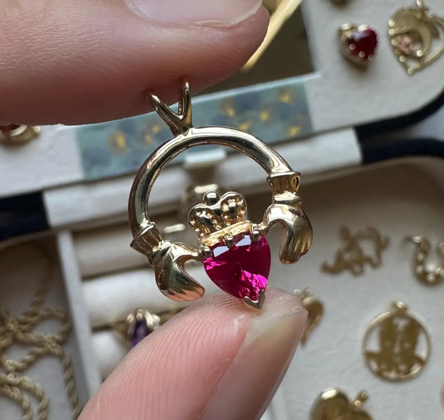 Solid Gold Lab Sapphire Claddagh Pendant | 14k