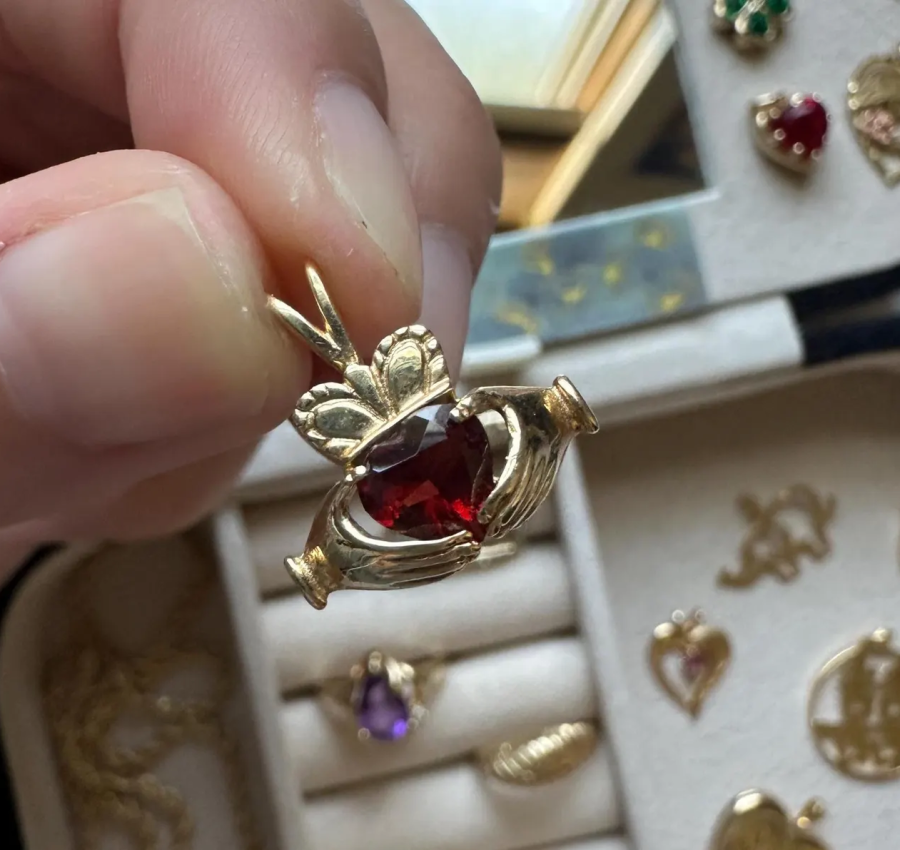 Solid Gold Lab Garnet Claddagh Pendant | 14k