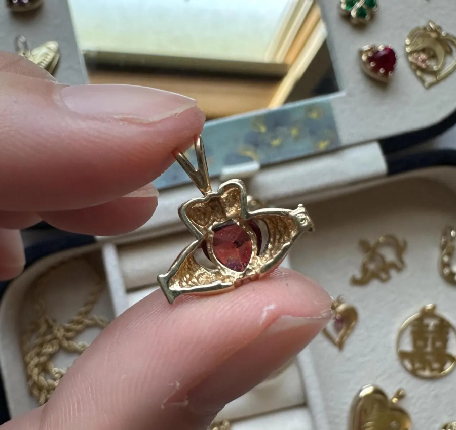 Solid Gold Lab Garnet Claddagh Pendant | 14k