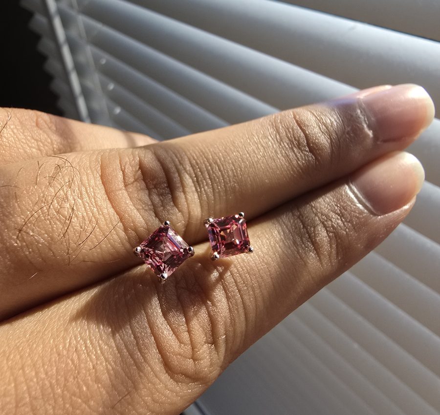 Sri Lanka Padparadscha Lab Sapphire Earrings – Asscher Cut 6mm 3.2ct Pair