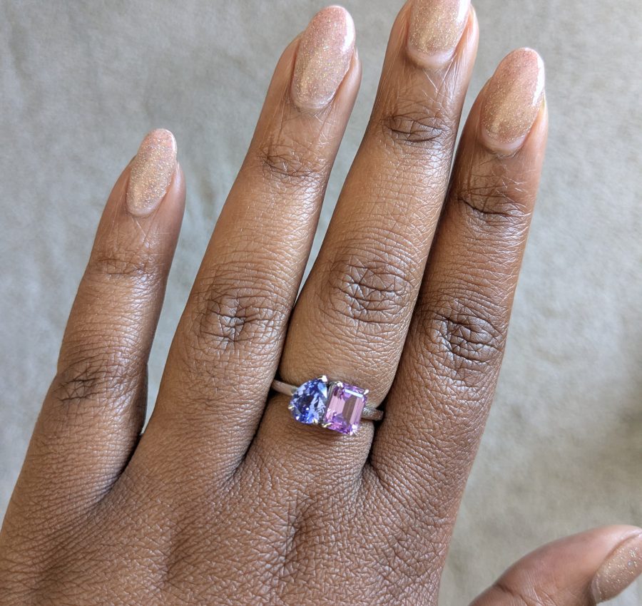 Blue and purple sapphire toi et moi ring