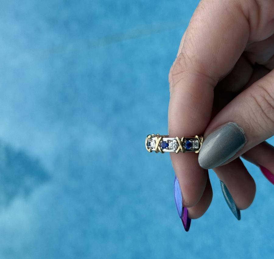 10k White/Yellow Gold Band with Moissanite and Lab Sapphires
