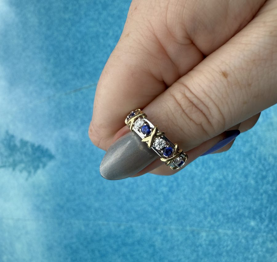 10k White/Yellow Gold Band with Moissanite and Lab Sapphires