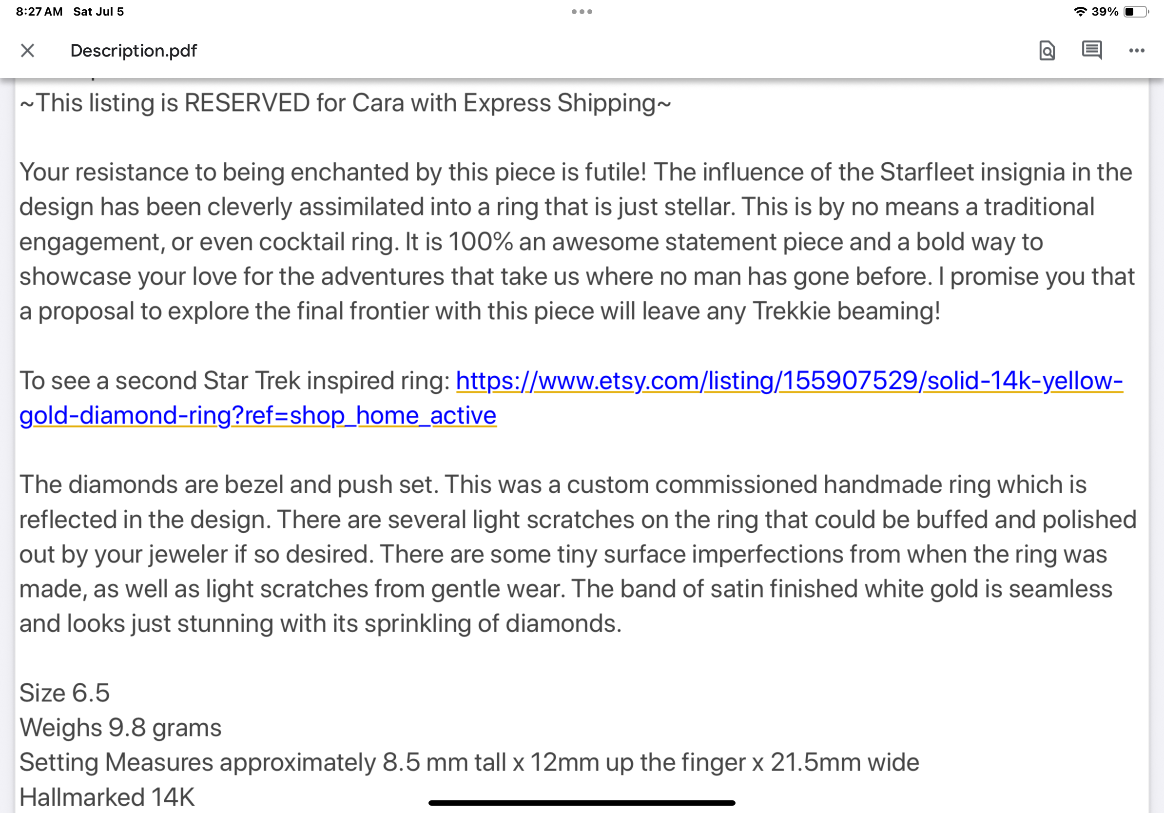 Custom Diamond Ring 2 Toned 14kt Yellow and White Gold Size 6.5 Bezel set