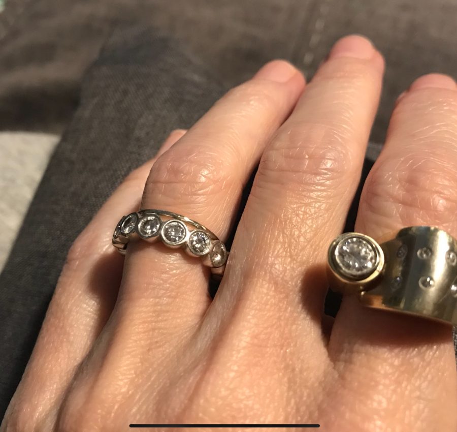 Custom Diamond Ring 2 Toned 14kt Yellow and White Gold Size 6.5 Bezel set
