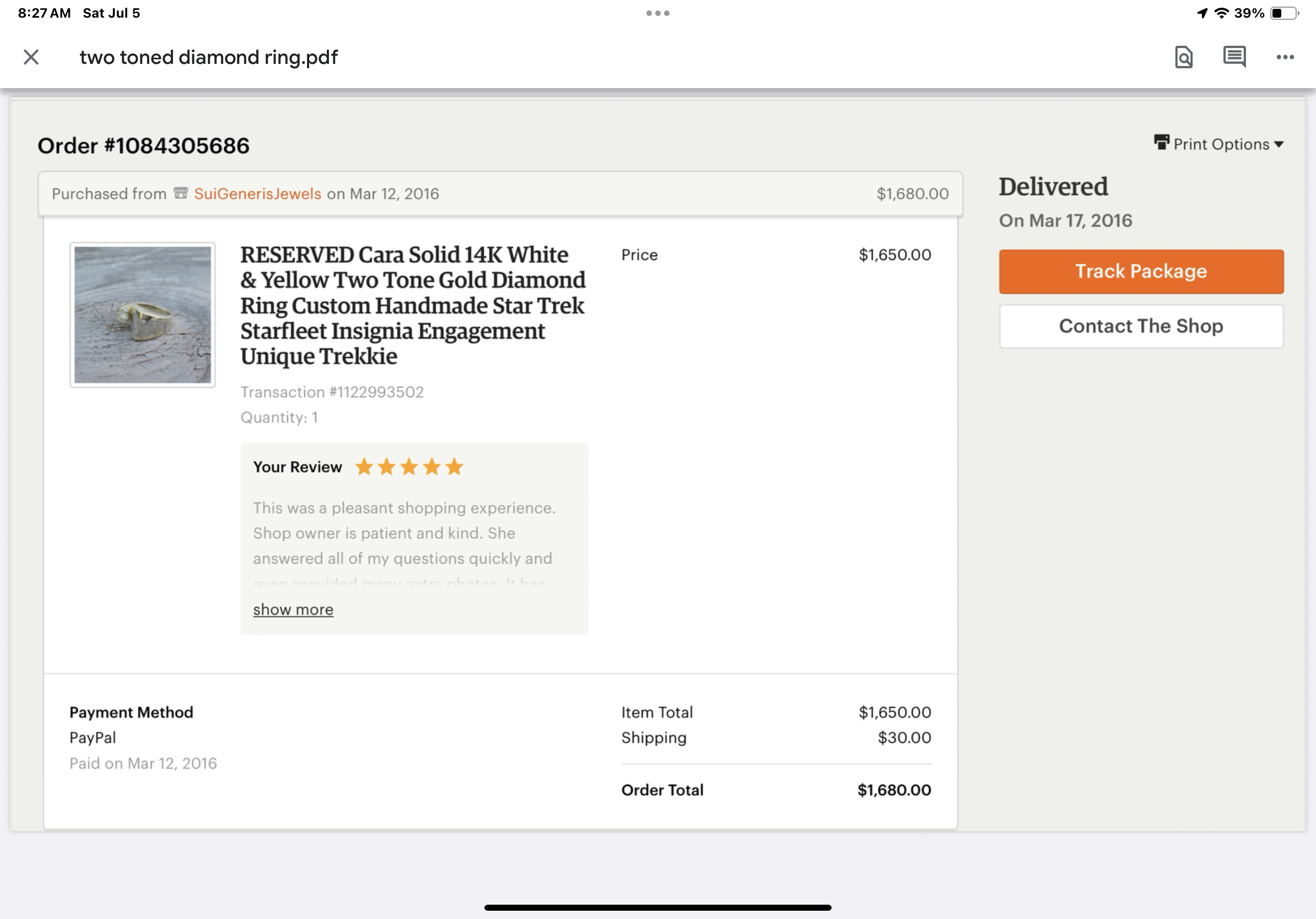 Custom Diamond Ring 2 Toned 14kt Yellow and White Gold Size 6.5 Bezel set