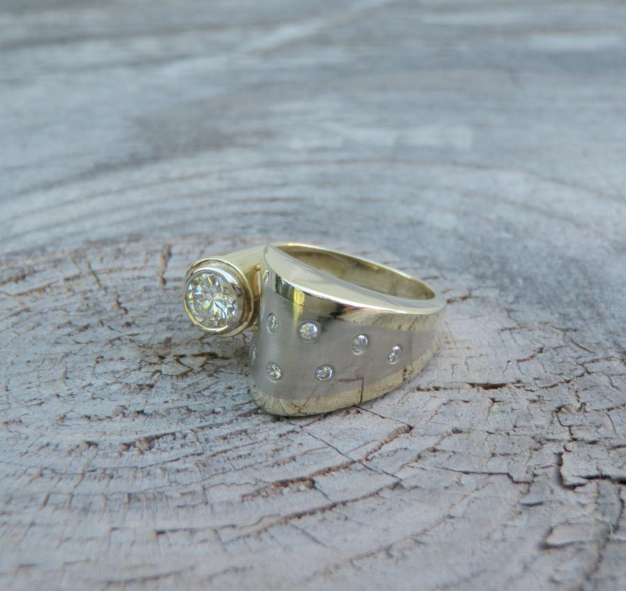 Custom Diamond Ring 2 Toned 14kt Yellow and White Gold Size 6.5 Bezel set