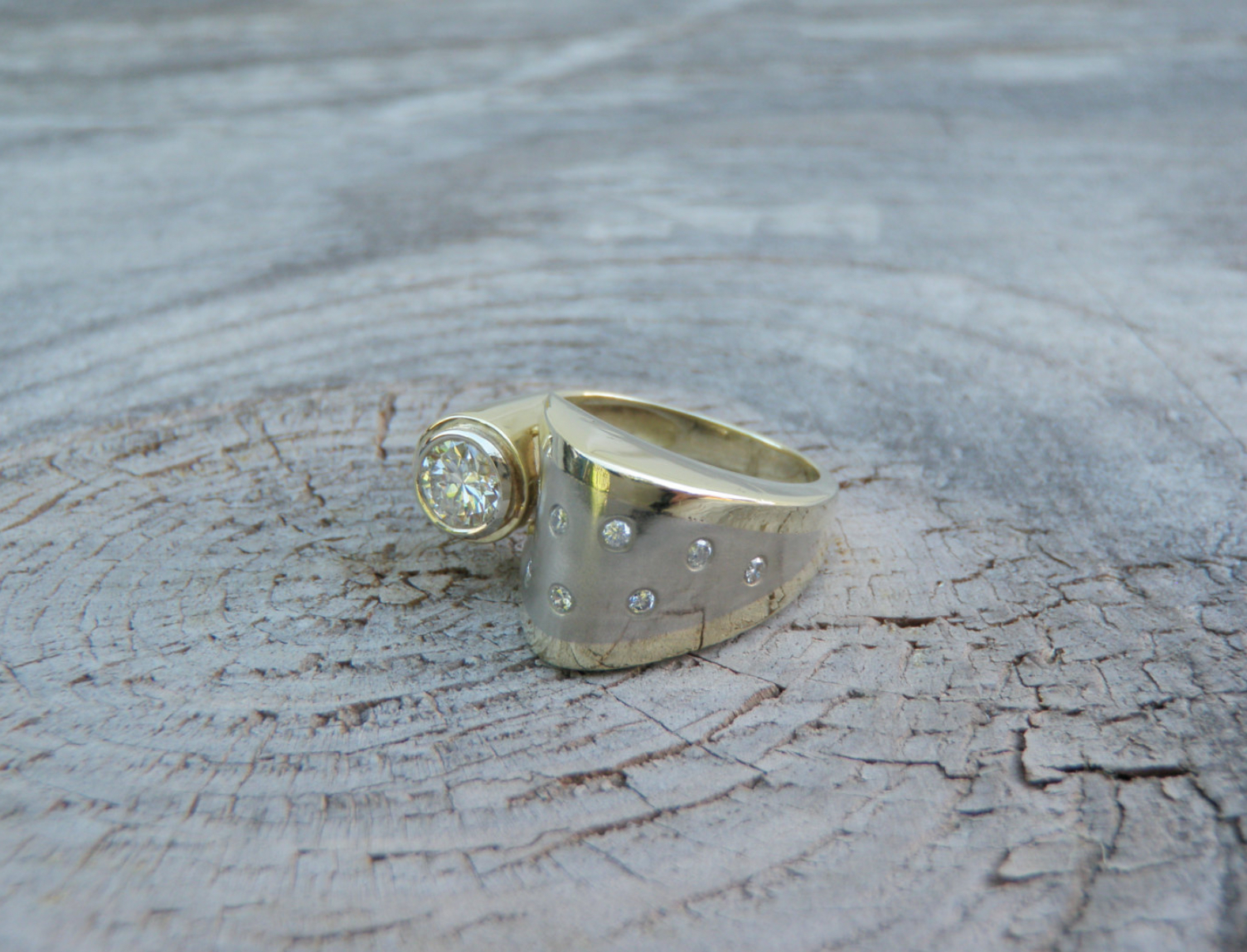 Custom Diamond Ring 2 Toned 14kt Yellow and White Gold Size 6.5 Bezel set