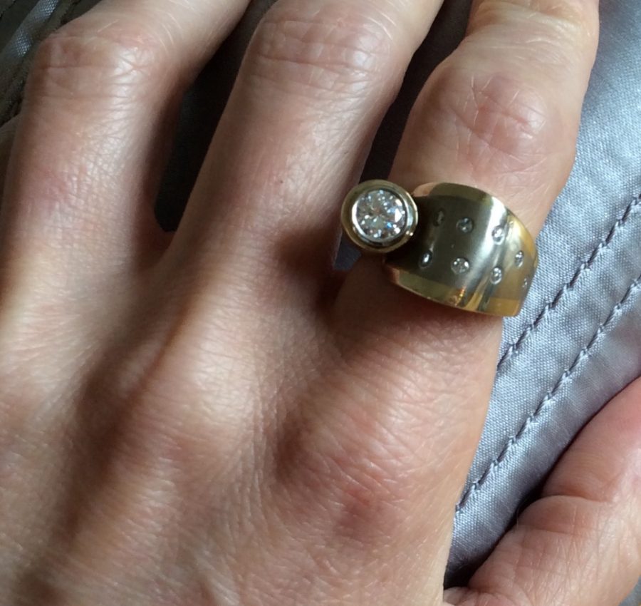Custom Diamond Ring 2 Toned 14kt Yellow and White Gold Size 6.5 Bezel set