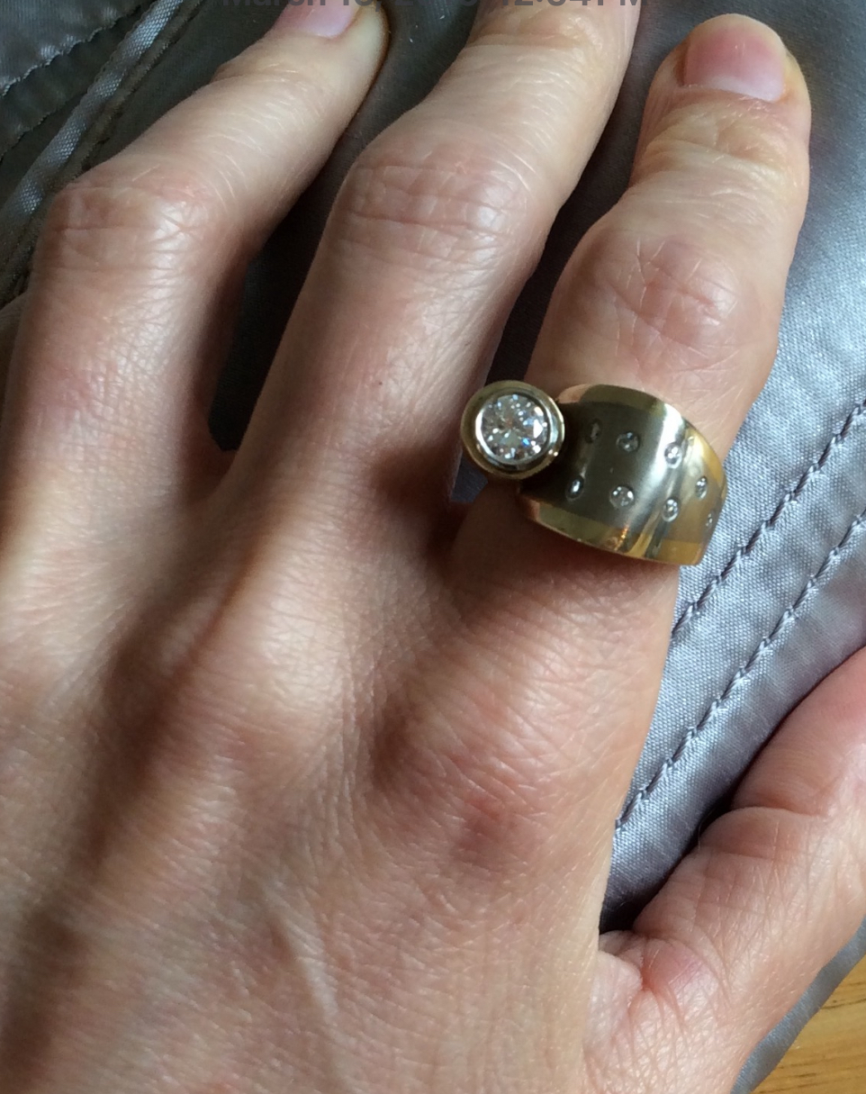 Custom Diamond Ring 2 Toned 14kt Yellow and White Gold Size 6.5 Bezel set