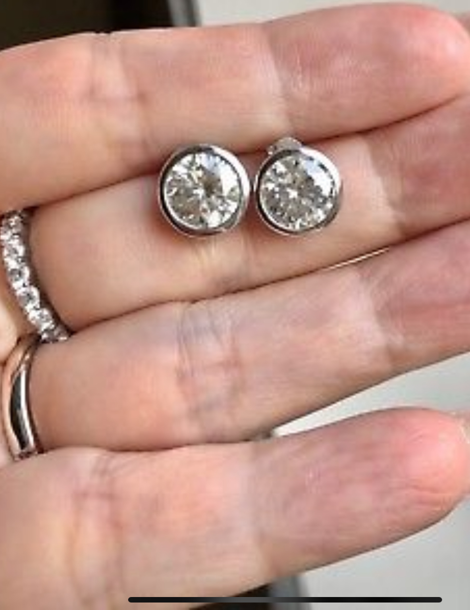 Charles & Colvard Moissanite  Forever Brilliant Bezel Set 3.8ctw 14kt white gold earrings