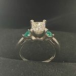 Princess cut 1.01 carat with emerald side stones, White gold engagement ring size 5.75