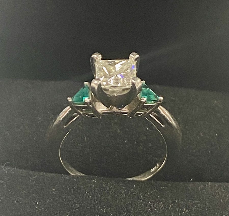 Princess cut 1.01 carat with emerald side stones, White gold engagement ring size 5.75