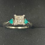 Princess cut 1.01 carat with emerald side stones, White gold engagement ring size 5.75