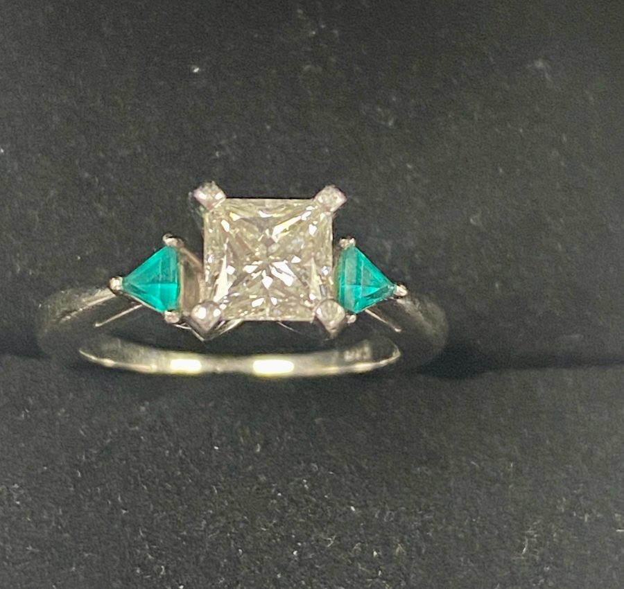 Princess cut 1.01 carat with emerald side stones, White gold engagement ring size 5.75