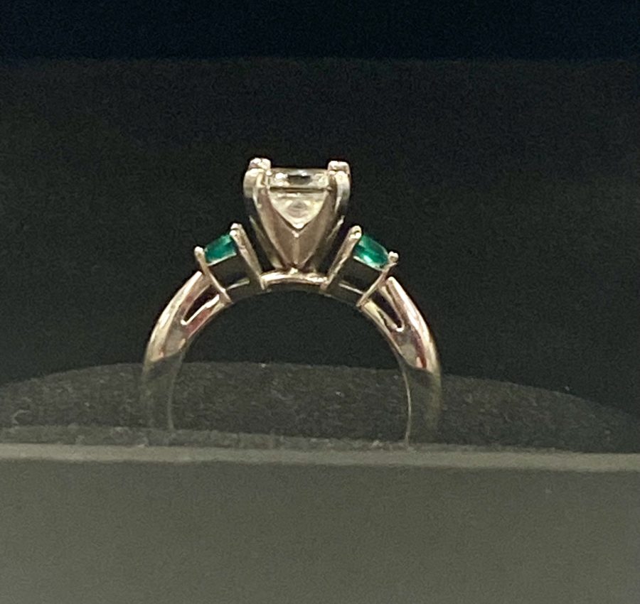 Princess cut 1.01 carat with emerald side stones, White gold engagement ring size 5.75