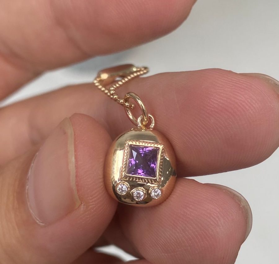 Purple lab sapphire Tamagotchi style pendant 10K gold