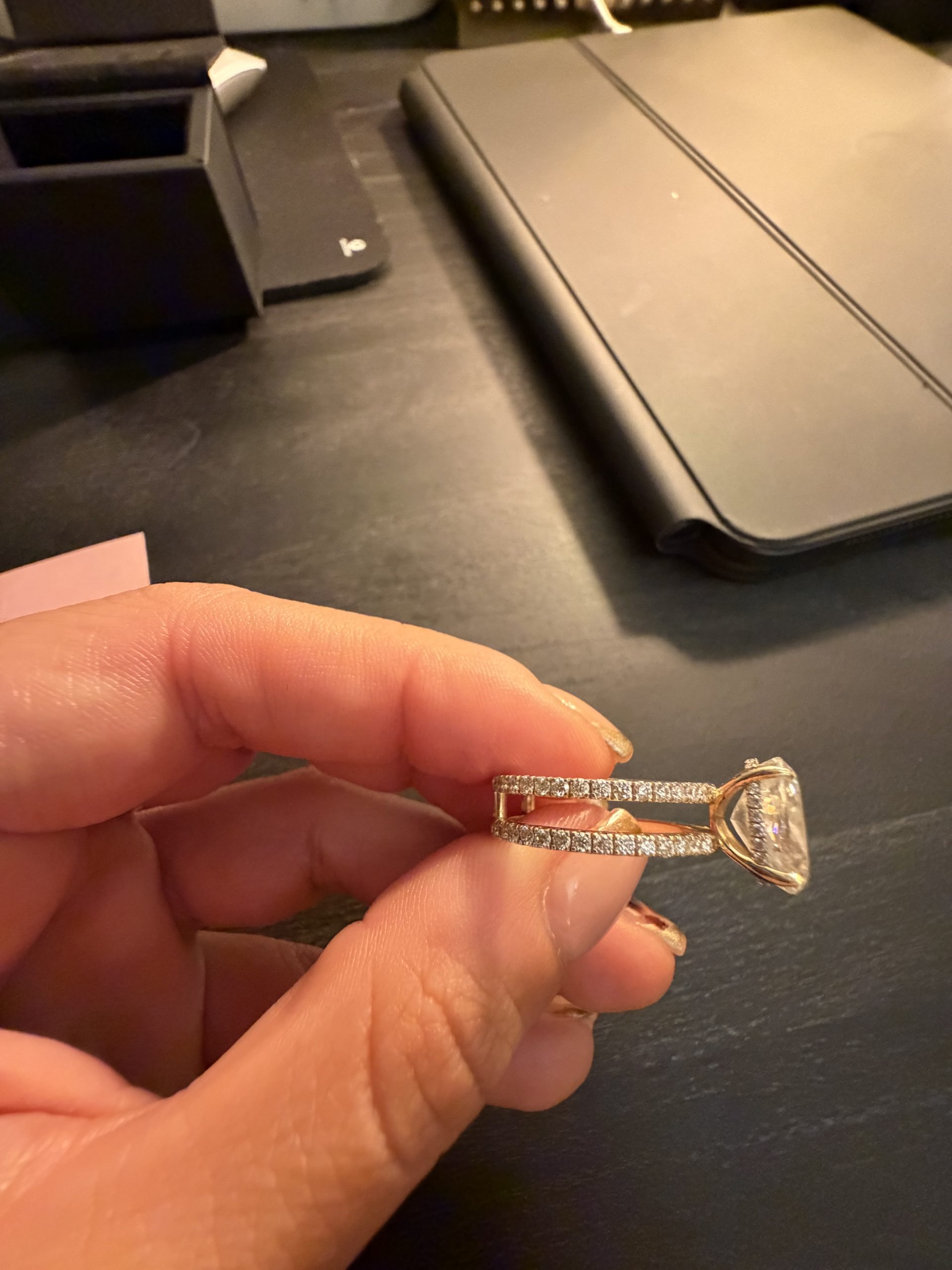 4.1 carat Oval Pavé 1.8mm U-prong pavé bands and an invisible halo