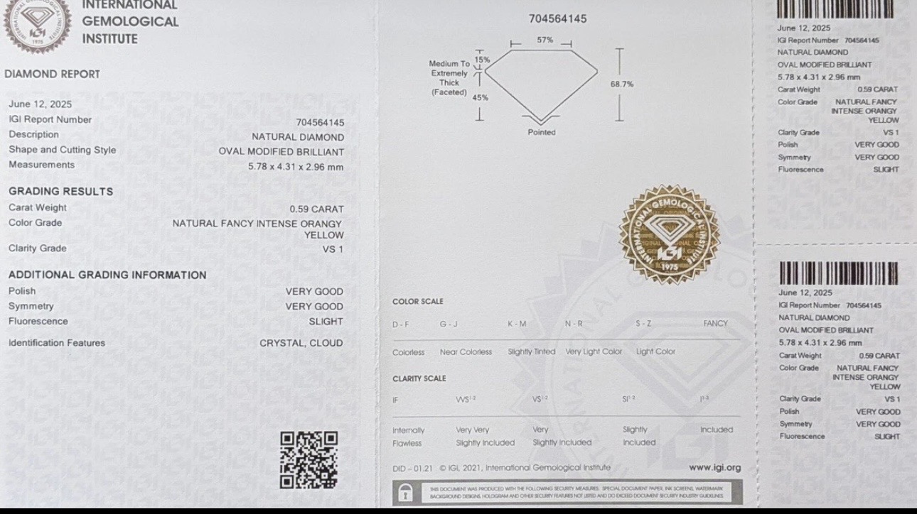 IGI Certified – 0.59 ct – Natural VS1 Diamond Fancy Intense Orangy Yellow -Oval-