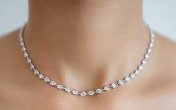 Sterling silver 14″ bezel tennis necklace with 3mm moissanites
