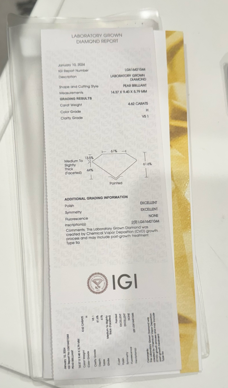 4.62ct Pear Brilliant Lab Loose Diamond, H, VS1 with IGI Certificate