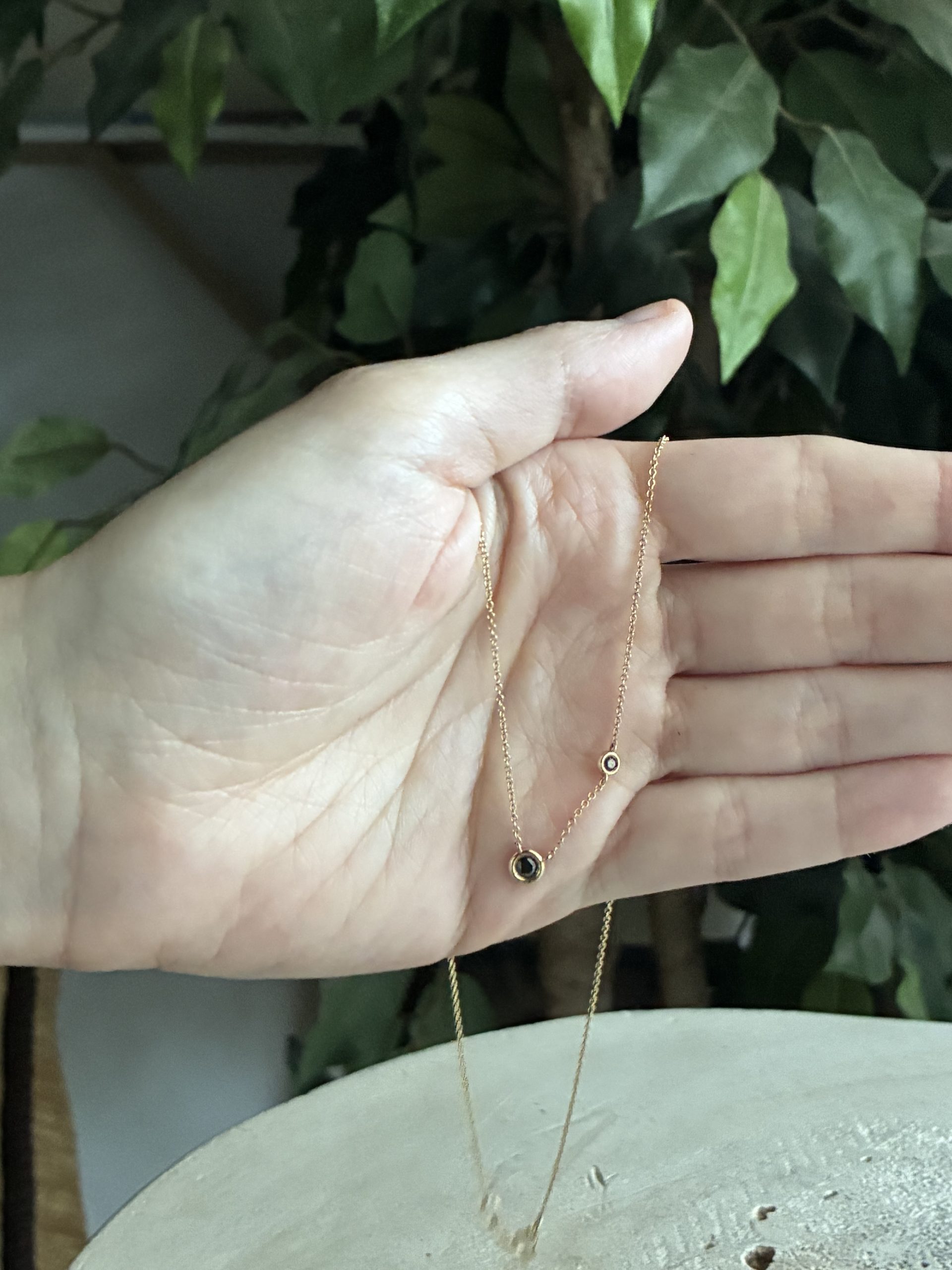 0.12ct 2 natural black diamond 14k yellow necklace 16”