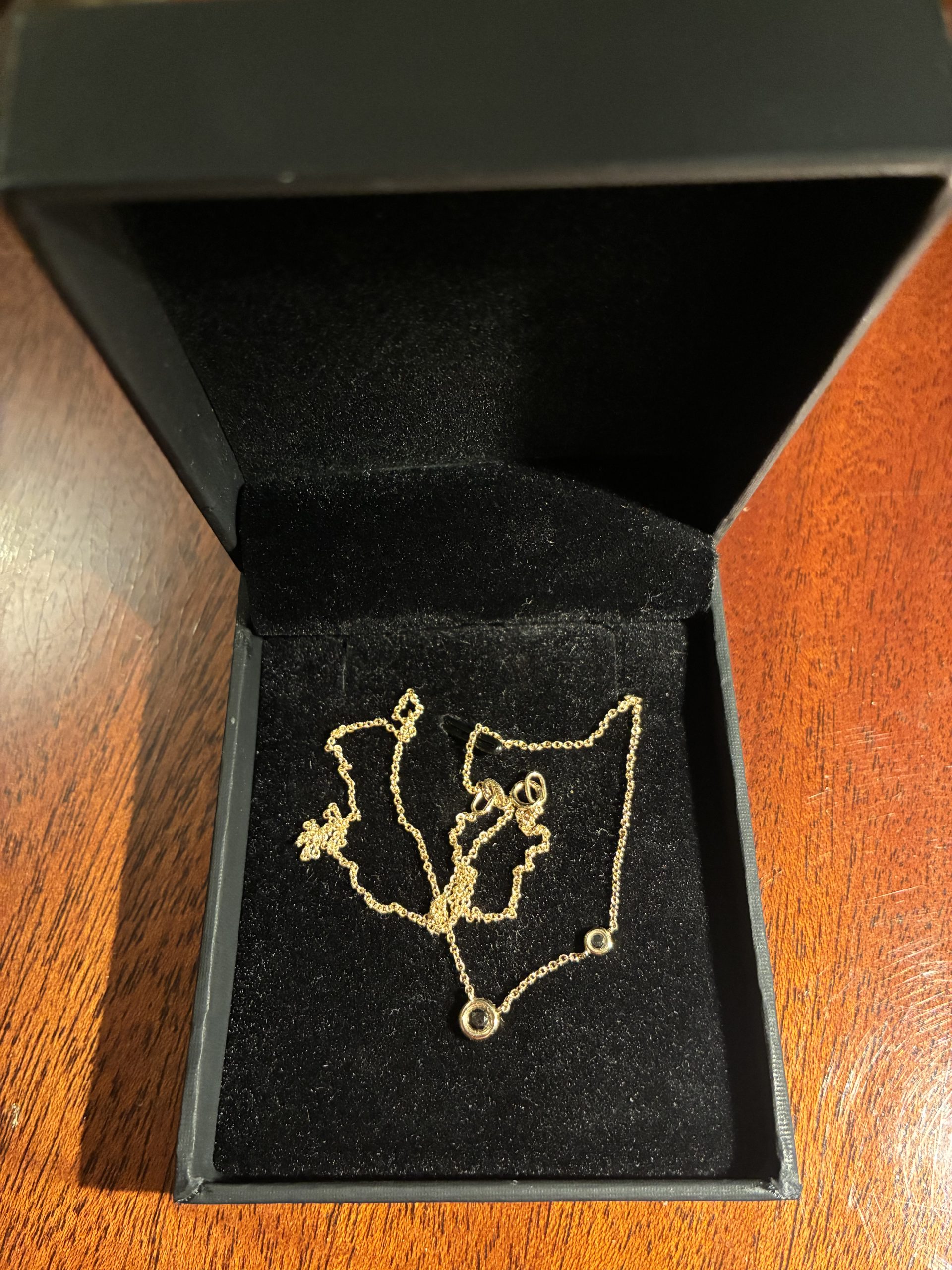 0.12ct 2 natural black diamond 14k yellow necklace 16”