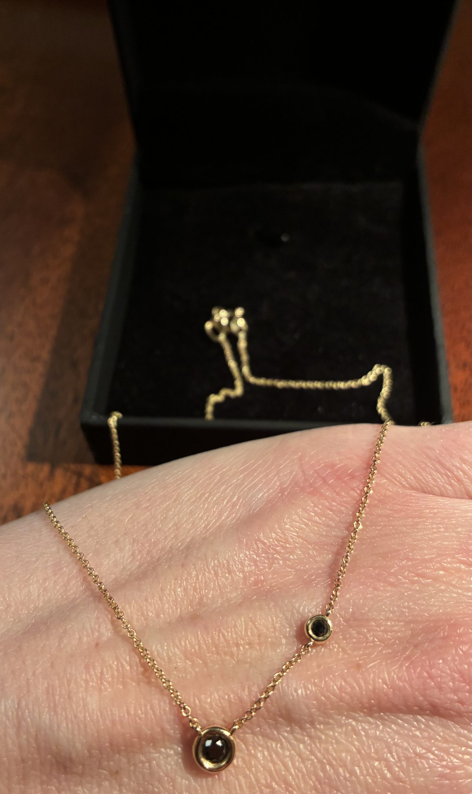 0.12ct 2 natural black diamond 14k yellow necklace 16”