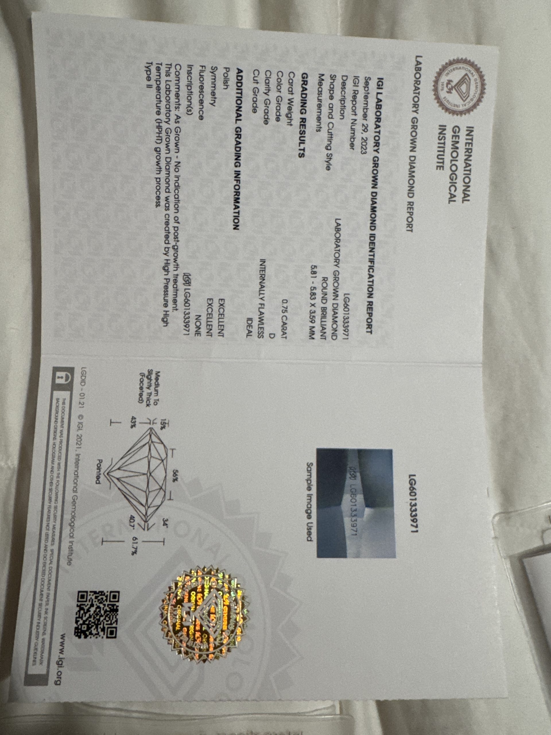 .75 CTS Round Lab Diamond