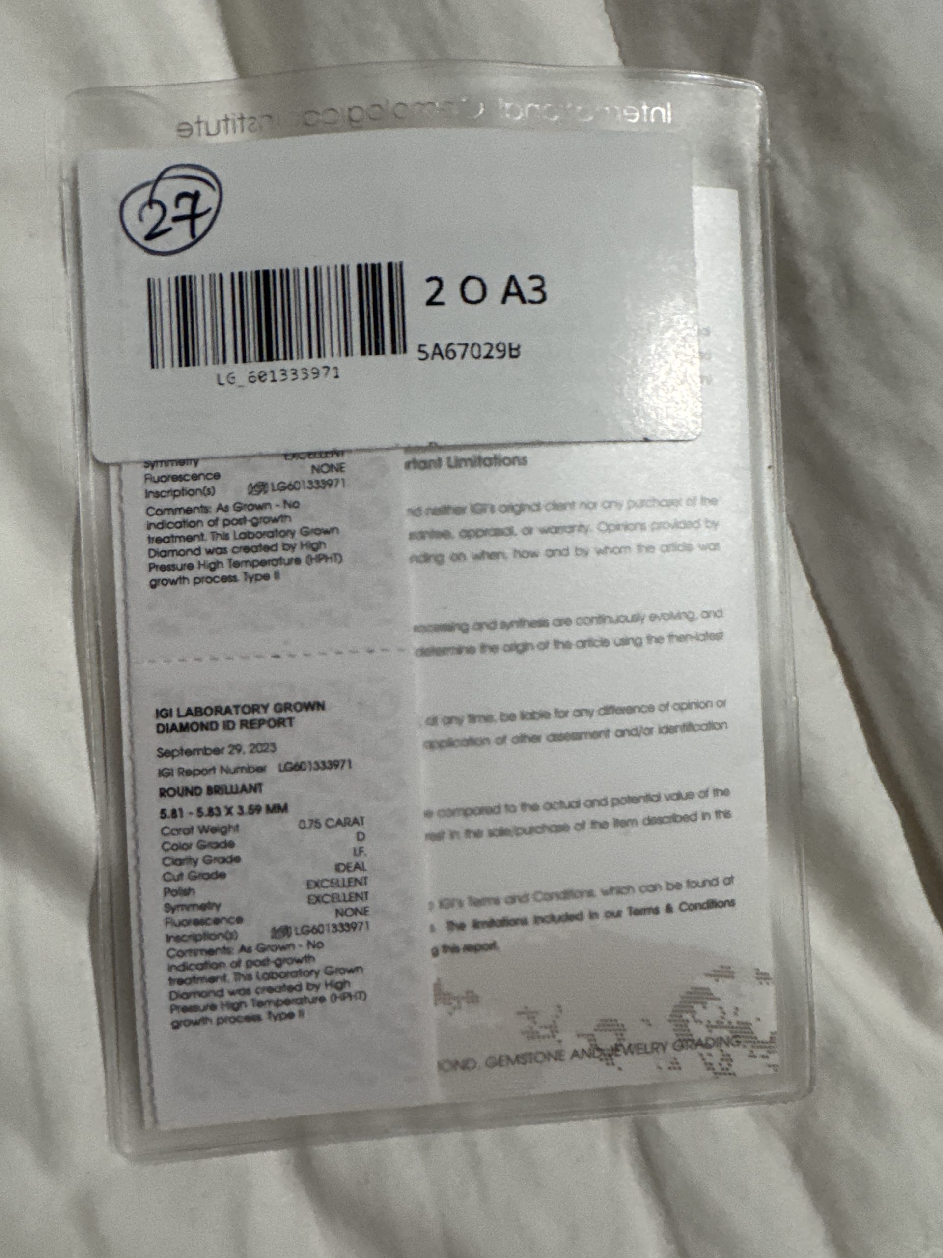 .75 CTS Round Lab Diamond